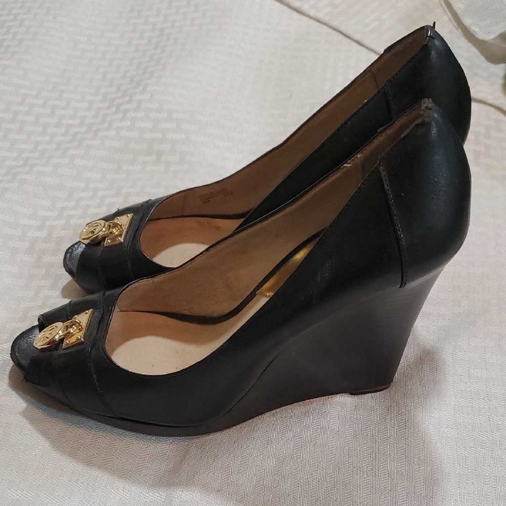 Michael Kors Elegant Black  Wedge Heels with Gold Accent - Picture 2 of 10